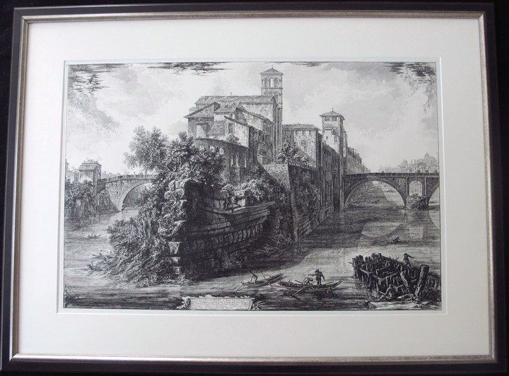 Piranesi, Giovanni: THE ISOLA TIBERINA, WITH S. BARTOLOMEO IN THE FOREGROUND, Year 1775.