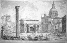 Piranesi, Giovanni: ARCH OF SEPTIMIUS SEVERUS, WITH THE CHURCH OF S. MARTINA, Year 1759
