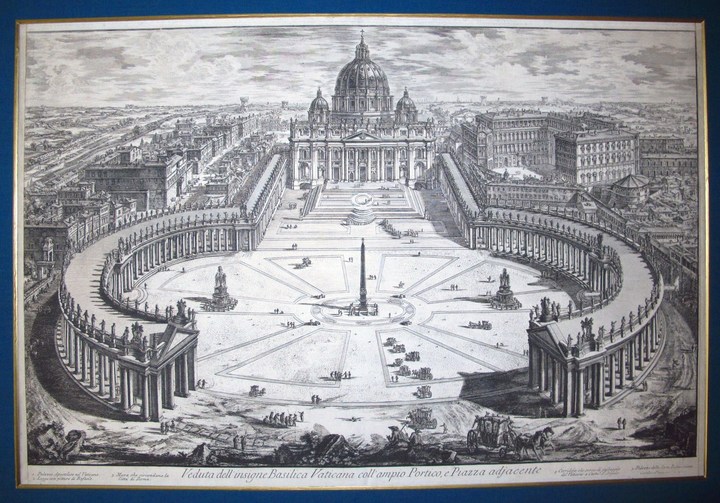 Piranesi, Giovanni: BIRD'S-EYE VIEW OF ST. PETER'S, WITH FORECOURT AND COLONNADES, Year 1775.