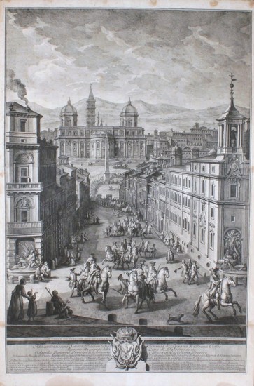 Vasi, Giuseppe:  View of Santa Maria Maggiore with obelisk and procession of the Grande di Spagna with his court in Visit to the Pope, Year 1771