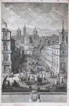 Vasi, Giuseppe:  View of Santa Maria Maggiore with obelisk and procession of the Grande di Spagna with his court in Visit to the Pope, Year 1771